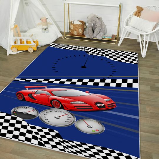 Racing Car Kid's Play Carpet,Blue Children's Room Rug,Easy Clean Anti-Slip Kid's Door Mats,Handmade Birthday Gift,Road Play Rugs,Nursery Rug