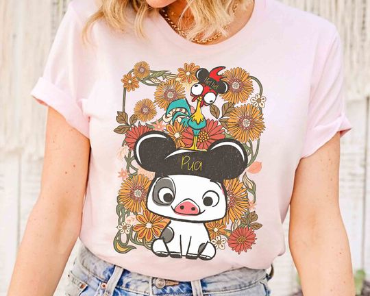 Vintage Hei Hei Rooster Pua Pig With Mickey Ears Floral Cotton T-shirts, Short Sleeve Tshirt for men, women, Unisex, Vacation Holiday Gift
