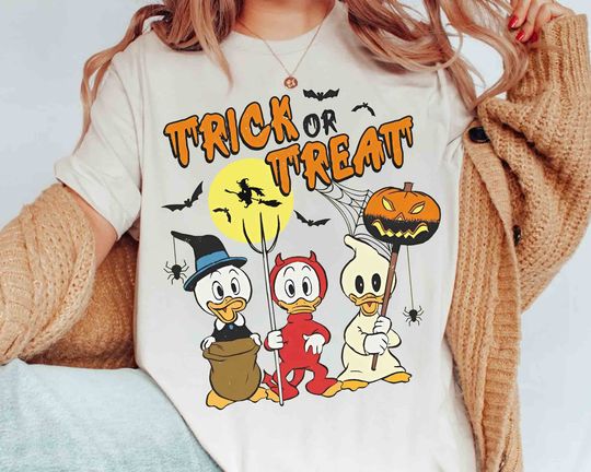Vintage Ducktales Huey Dewey Louie Trick Or Treat Halloween Cotton T-shirts, Short Sleeve Tshirt for men, women, Unisex, Vacation Holiday Gift