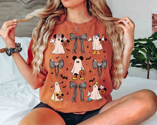 Mickey & Friends Ghost Coquette Bow Halloween Cotton T-shirts, Short Sleeve Tshirt for men, women, Unisex, Vacation Holiday Gift