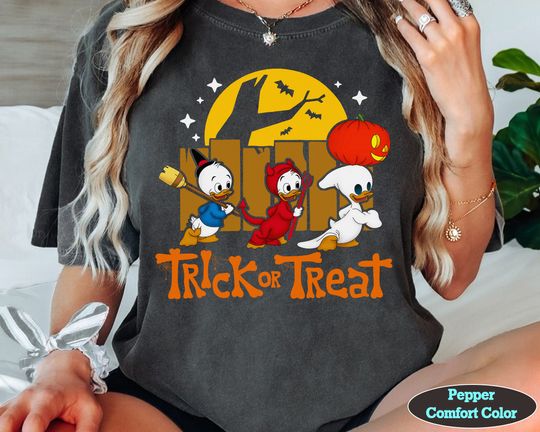 DuckTales Trick Or Treat Huey Dewey Louie Halloween Cotton T-shirts, Short Sleeve Tshirt for men, women, Unisex, Vacation Holiday Gift