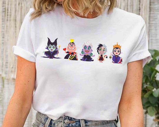 Disney Villains Characters Group Kawaii Chibi Evil Queens Cotton Shirt, Comfortable Short Sleeve Sports Tee for Men, Women, Kids, Family Vacation Holiday Gift