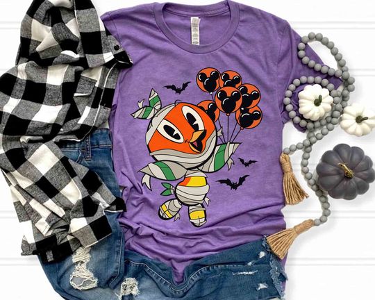 Cute Orange Bird Mummy Halloween Mickey Balloons Cotton Shirt, Comfortable Short Sleeve Sports Tee for Men, Women, Kids, Family Vacation Holiday Gift