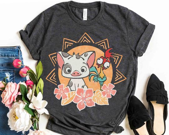 Disney Cute Moana Pua Pig And Hei Hei Floral Portrait Cotton Shirt, Comfortable Short Sleeve Sports Tee for Men, Women, Kids, Family Vacation Holiday Gift