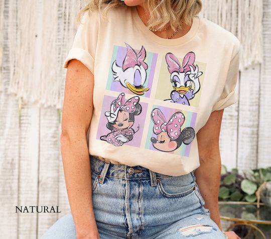 Retro Minnie and Daisy Duck Shirt, Daisy and Minnie Besties Cotton Shirt, Comfortable Short Sleeve Sports Tee for Men, Women, Kids, Family Vacation Holiday Gift