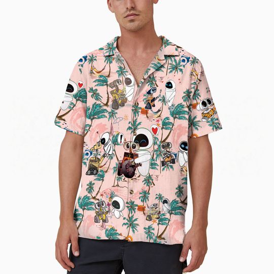 Wall-E and Eve Hawaiian Shirt, Disney Couple Hawaii Aloha Shirt, Tropical Wall E Couple Button Up Shirt, Disneyland Valentines Day Shirt
