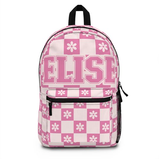 Custom Checkered Name Laptop Backpack, School Bag, Retro Pink Floral Knapsack School Book Bag, Great for Back to School, Gift for Girls