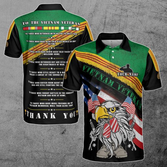 Custom Name Vietnam Veteran War U.S Army Proud American Eagle Flag Vet Men's Polo Shirt