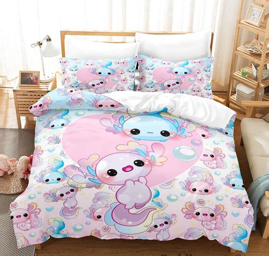 2023 Kawaii Animal Axolotl Print Bedding Set Single Twin Full Queen King Size Bed Set Aldult Kid Bedroom Duvetcover Set 3D Anime
