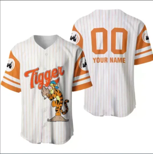 Tigger White Orange 3D Baseball Jersey Shirt Halloween, Tigger Jersey, Disney Movie Baseball Shirt