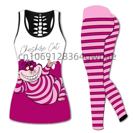 Cheshire Cat Women's Tank Top Leggings Yoga Set, Summer Fitness Leggings Tracksuit, Disney Hollow Tank Top Leggings Set