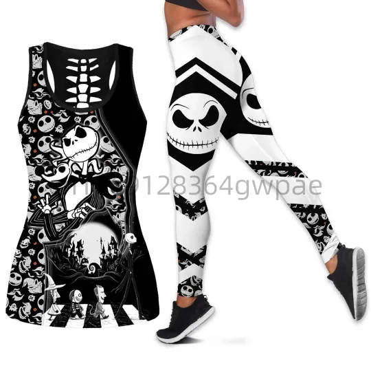 Disney Jack Skellington Women Cutout Tank Top Leggings Yoga Set, Summer Fitness Leggings Tracksuit, Hollow Tank Top Leggings Set