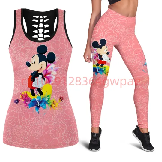 Mickey Mouse Women's Tank Top Leggings Yoga Set, Summer Fitness Leggings Tracksuit, Disney Hollow Tank Top Leggings Set