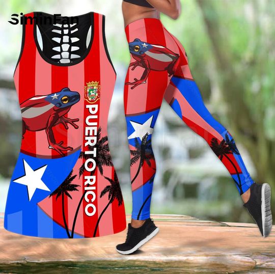 Puerto Rico Skull Frog Combo Outfit Two Piece Yoga Sets Women, 3D Printed Hollow Out Tank Top Leggings, Summer Vest Casual Pant