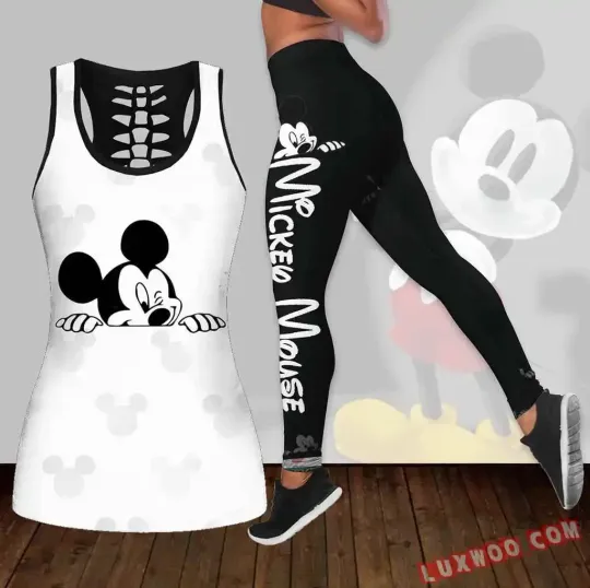 2024 Mickey Mouse Women's Hollow Vest  Leggings Yoga Suit Fitness Leggings Sports Suit Disney Tank Top Legging Set Outfit