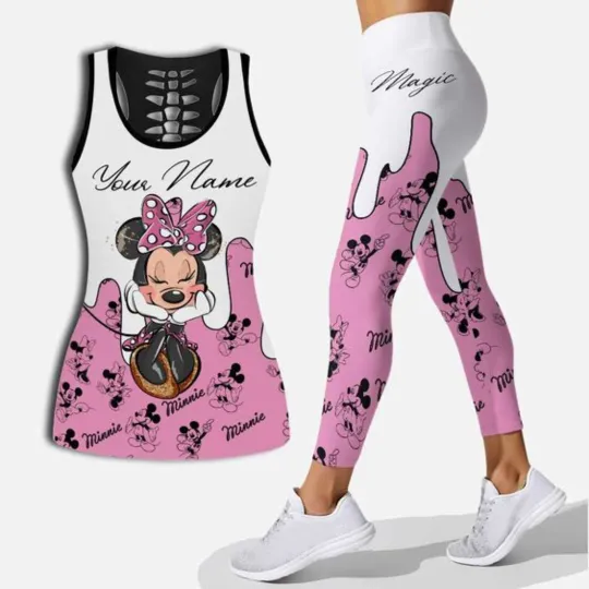 Minnie Mouse Women's Hollow Tanktop Leggings Yoga Set Summer Fitness Leggings Tracksuit Disney Cutout Tank Top Leggings Set