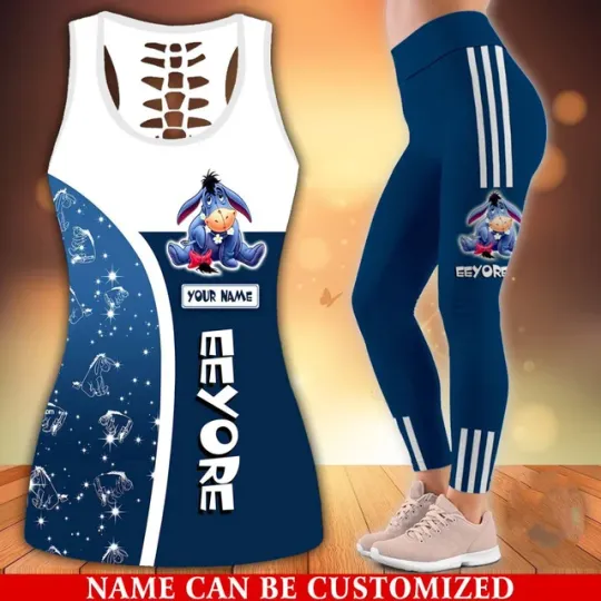 Disney Eeyore Women's Hollow Vest + Women's Leggings Yoga Suit Fitness Leggings Sports Suit Winnie the Pooh Tank Top Legging Set