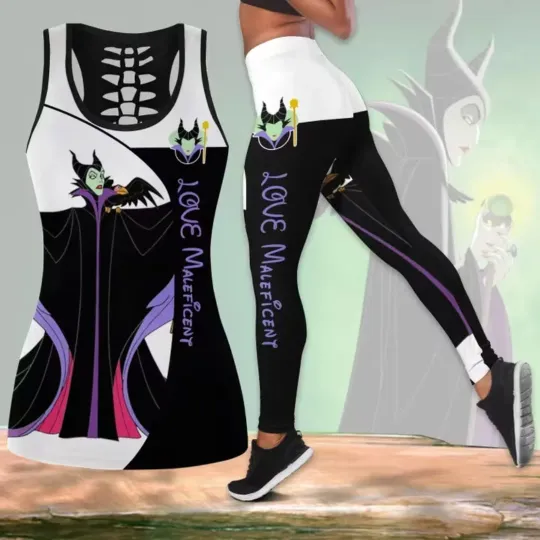 Maleficent Women's Hollow Vest + Women's Leggings Yoga Suit Fitness Leggings Sports Suit Disney Villains Tank Top Legging Set