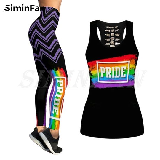 Pride LGBT Rainbow Two Pieces Yoga Set Women 3D Printed Hollow Out Tank Top Leggings Summer Vest Casual Sportswear Pant Suits 04