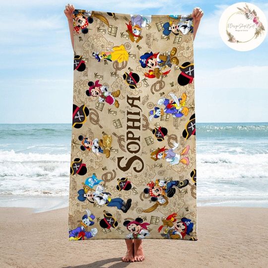 Personalized Mickey and Friends Disney Pirates Beach Towel, Disney Family Cruise Trip Bath Pool Summer Trip, Pirates of the Caribbean Gifts