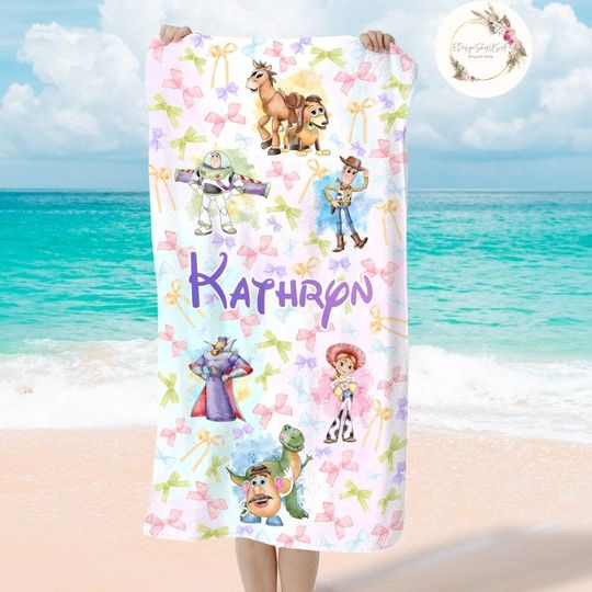 Personalized Watercolor Coquette Bows Disney Pixar Toy Story Beach Towel, Custom Toy Story Birthday Bath Pool Summer Trip, Buzz Lightyear