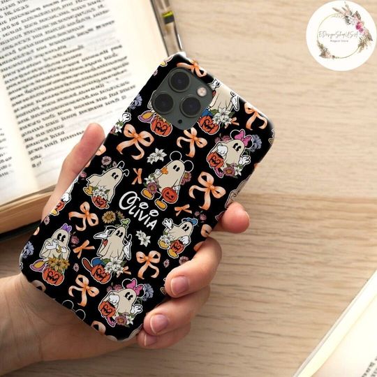 Personalized Coquette Bows Mickey and Friends Ghost Pumpkin Disney Halloween Phone Case, Trick or Treat Disney Family Halloween Party 2024