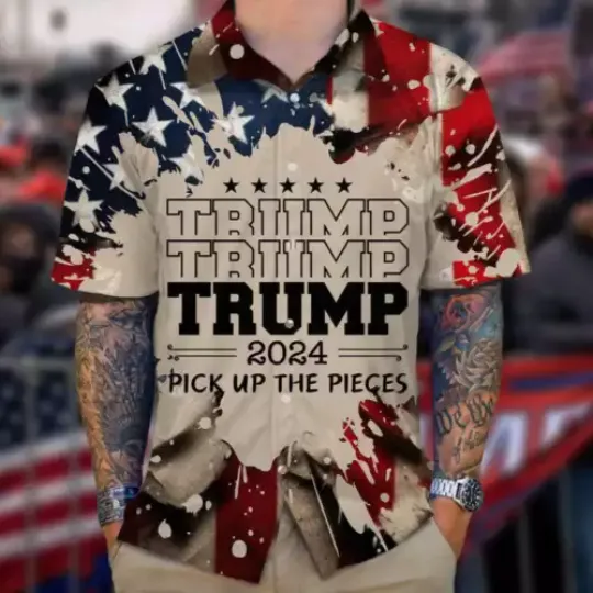 Trump 2024 Pick Up The Pieces Vintage American Flag Hawaiian Shirt