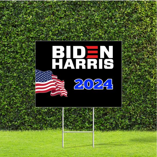 Waving Flag Biden Harris 2024 on Black Election, Democratic Party Yard Sign with Metal H Stake