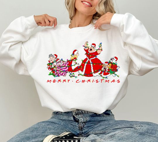 Disney Alice In Wonderland Merry Christmas Sweatshirts, Alice Cheshire Cat Christmas Lights Sweatshirt
