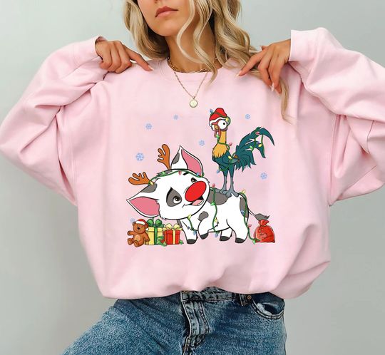 Disney Moana Santa Pua And Hei Hei Christmas Lights Sweatshirts, Cute Reindeer Pua Christmas Sweatshirts