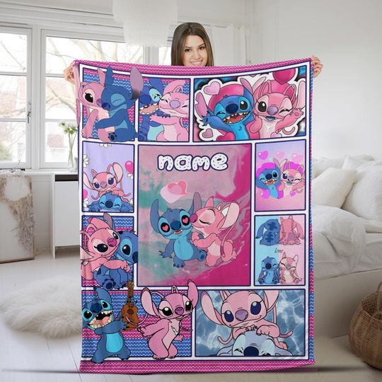 Personalized Disney Stitch Blanket, Stitch & Angel Baby Blanket, Stitch Birthday Gift
