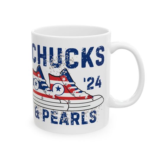 Chucks and Pearls, Kamala for President, Harris 2024, USA Election, America Retro Coffee Mug, Black Mug (11oz, 15oz)