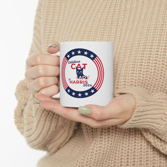 Childless cat lady for Harris 2024- Ceramic Mug, 11 oz - cat lover coffee lover