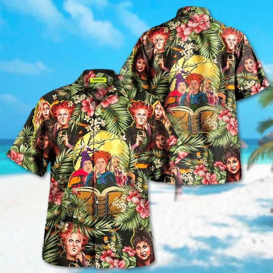 Hocus Pocus Halloween Hawaiian Shirt, Sanderson Sisters Hawaii Shirt, Horror Movie Character Halloween Shirt, Hocus Pocus Button Up Shirt