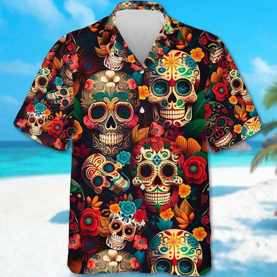 Dia De Los Muertos Hawaii Shirt, Sugar Skulls Hawaiian Shirt, Day Of The Dead Shirt, Skeleton Horror Halloween Gift, Mexico Hawaii Shirt