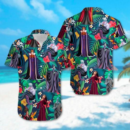 Villain Halloween Hawaiian Shirt, Ursula Maleficent Evil Queen Cruella Hawaii Shirt, Horror Character Shirt, Tropical Villain Button Up Tee