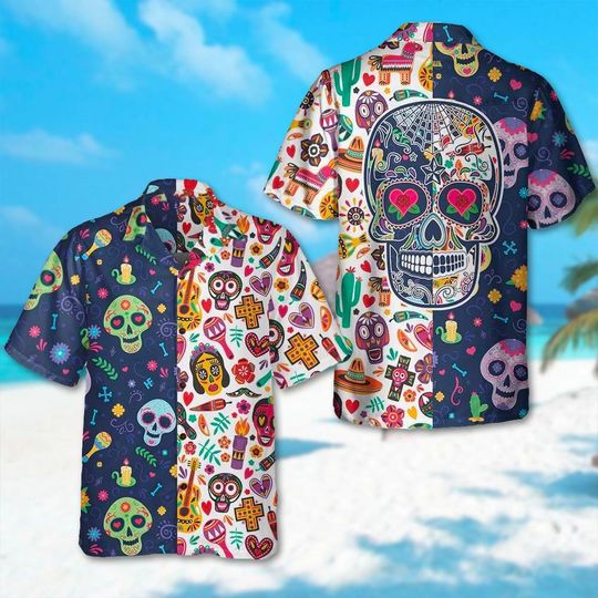 Mexican Sugar Skull Pattern Hawaii Shirt, Dia De Los Muertos Hawaiian Shirt, Day Of The Dead Hawaii Shirt, Skeleton Horror Halloween Gift