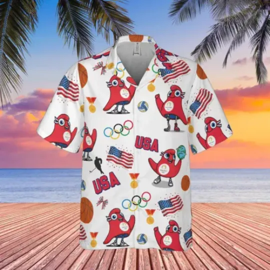 Paris 2024 Summer Olympics hawaiian shirt Phryge Mascot, button down shirt