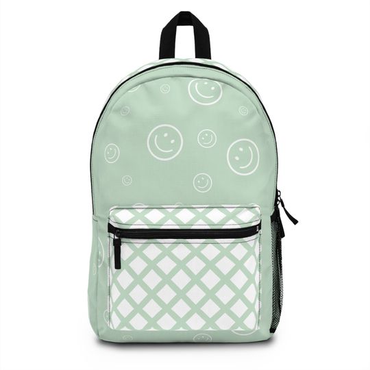 Durable Green Smiley Face Backpack, Cute Backpack, Back to School Bag for Girls, Backpack for Middle school girls