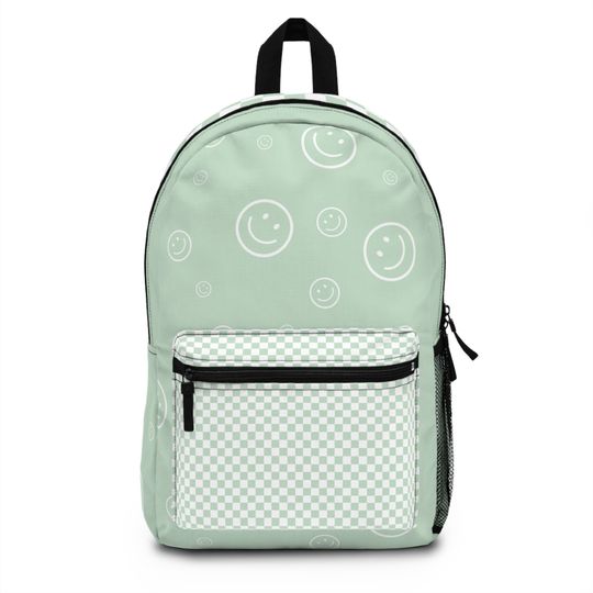 Green Smiley Face and Checkered Backpack, Cute Backpack, Back to School Bag for Girls, Backpack for Middle school girls