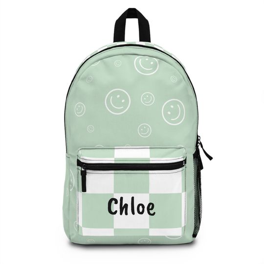 Personalize Green Smiley Face and Checkered Backpack, Cute Backpack, Back to School Bag for Girls, Backpack for Middle school girls