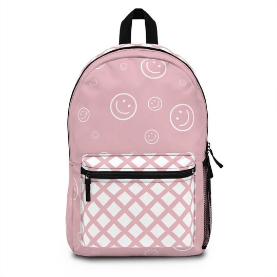 Durable Pink Smiley Face Backpack, Cute Backpack, Back to School Bag for Girls, Backpack for Middle school girls