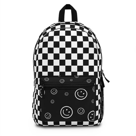 Durable Black Smiley Face and Checkered Backpack, Cute Backpack, Back to School Bag for Girls, Backpack for Middle school girls