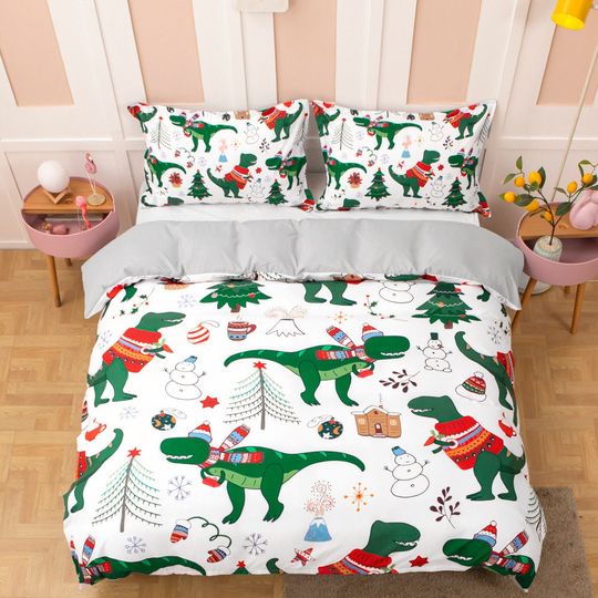 3D Dinosaur Duvet Covers Set, Cartoon Quilt Cover, Christmas Bedding set, Snowman Doona Cover, Pattern twin bedding, Kids Bedding Set