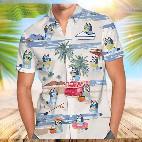 BlueyDad Summer Family Hawaiian Shirt, BlueyDad and Bingo Beach Hawaiian Shirt