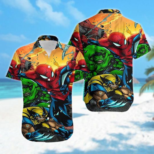 Spiderman Hulk Wolverine Hawaii Shirt, Superhero Cartoon Characters Button Up Shirt