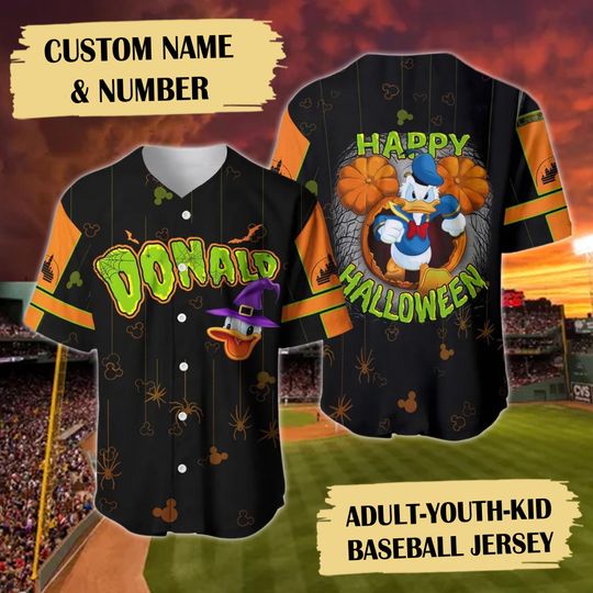 Personalized Donald Duck Halloween Baseball Jersey, Mickey Mouse Team Baseball Shirt, Donald Duck Sport Jersey Team, Halloween Shirt
