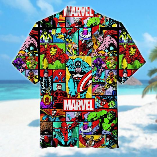 Superhero Hawaii Shirt, Spider Man Captain America Iron Man Hulk All Over Print Button Up