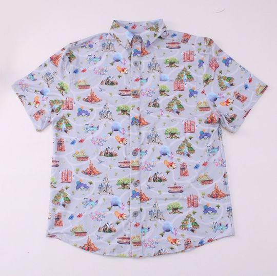 Disney park rides map collared button up shirt vacation theme print mens shirt