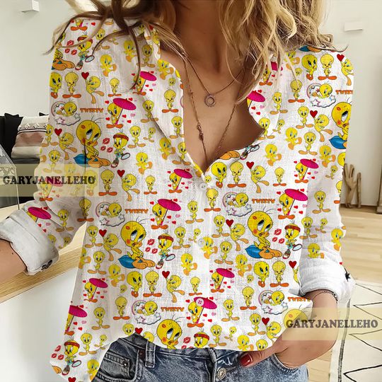 Tweety Bird 3D All Over Printed Women Linen Shirt, Tweety Bird Women Blouses, Tweety Casual Shirt, Tweety Lover's Gifts, Christmas Gifts